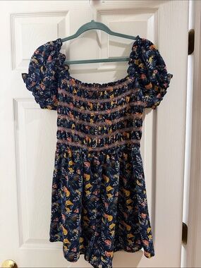 Navy Floral Fruit Romper with Puff Sleeves Elastic